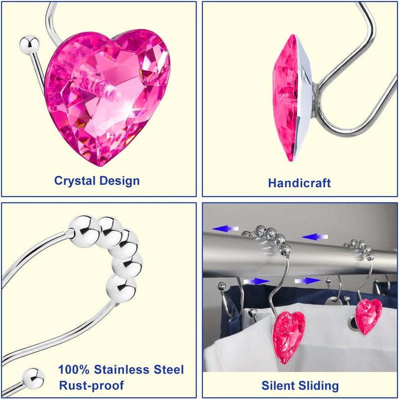 Yapicoco Shower Curtain Hooks Rings for Bathroom, 12PCS Heart Stainless Steel Rust Resistant Decorative Rhinestones Shower Curtain Rings Hangers for Shower Curtains (Double Hook Hot Pink) - Image 3